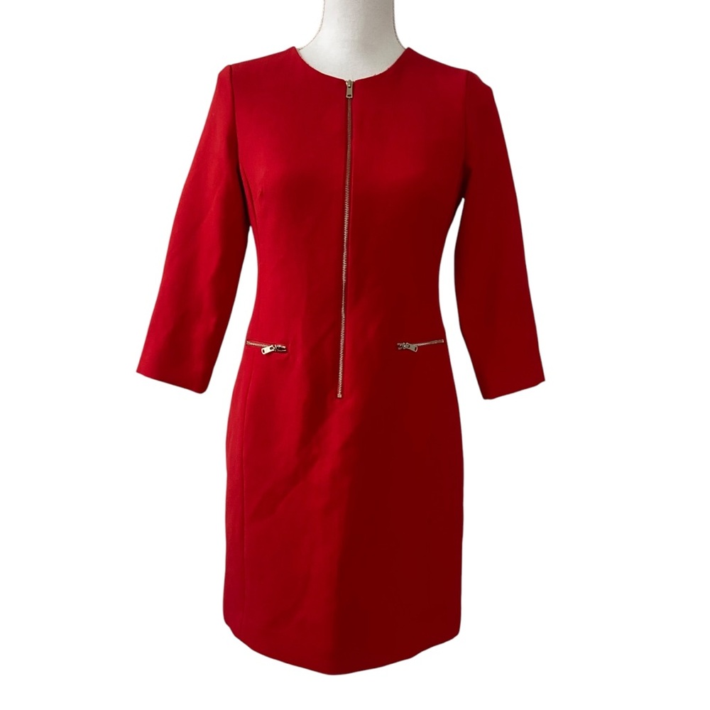 Ann Taylor Petites Red 3/4 Sleeve Shift Dress Exposed Zipper Classic Career 4P